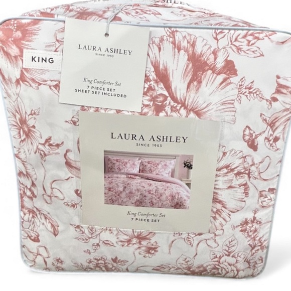 Laura Ashley Floral Pink and White 7 Piece King Comforter Set 108”x96”